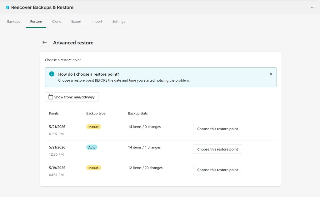 Recover Advanced restore screen listing restore points with manual and automatic backups to choose when to roll back store data