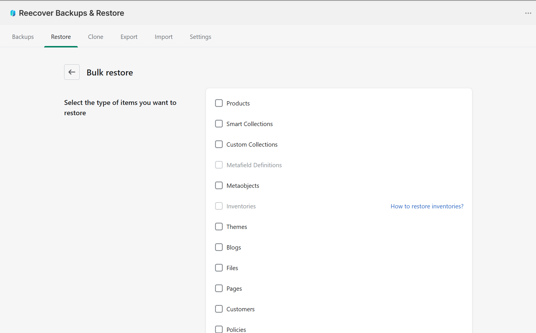 Recover bulk restore interface for restoring store data from a selected backup point