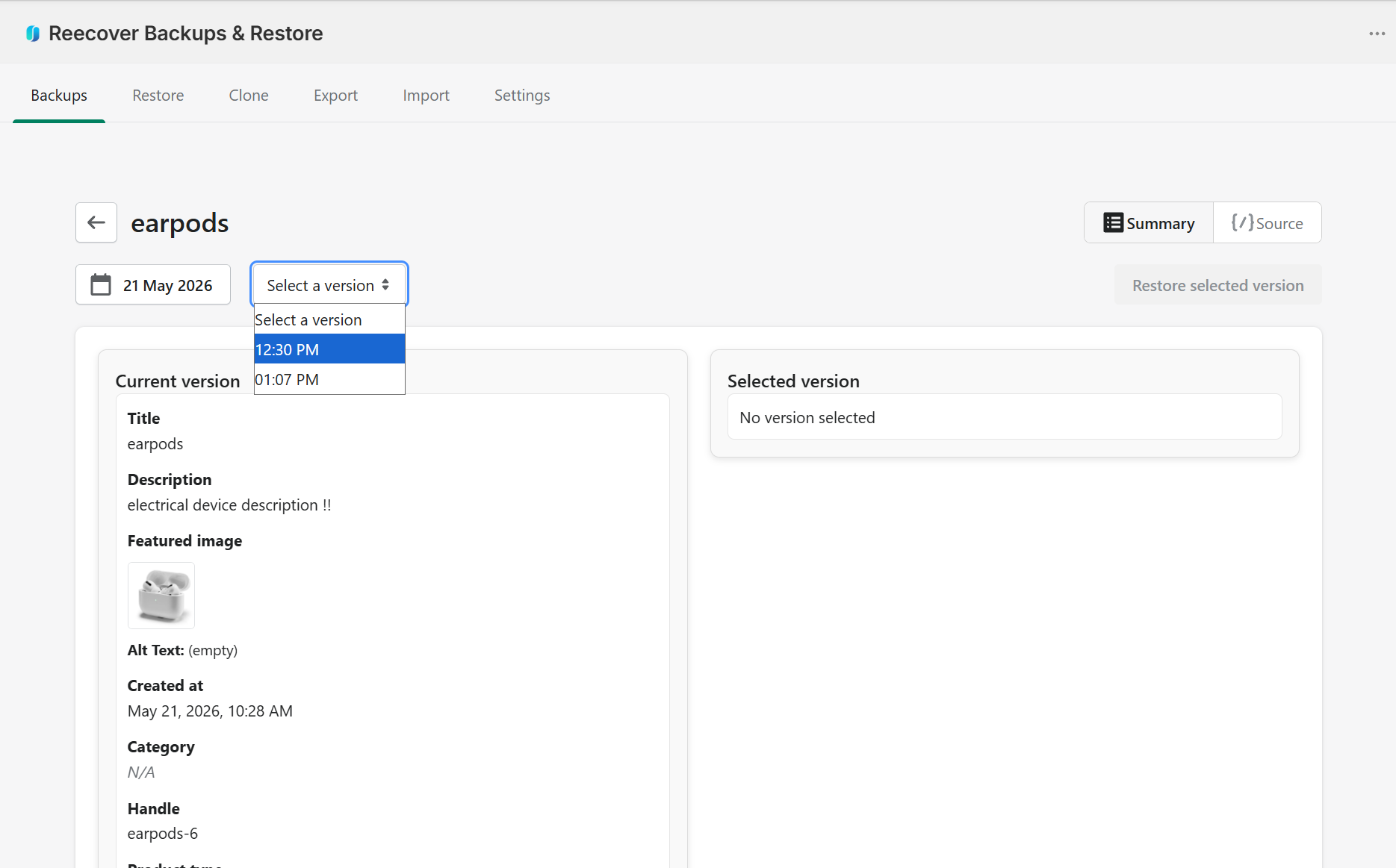 Recover version comparison view showing current and selected product versions