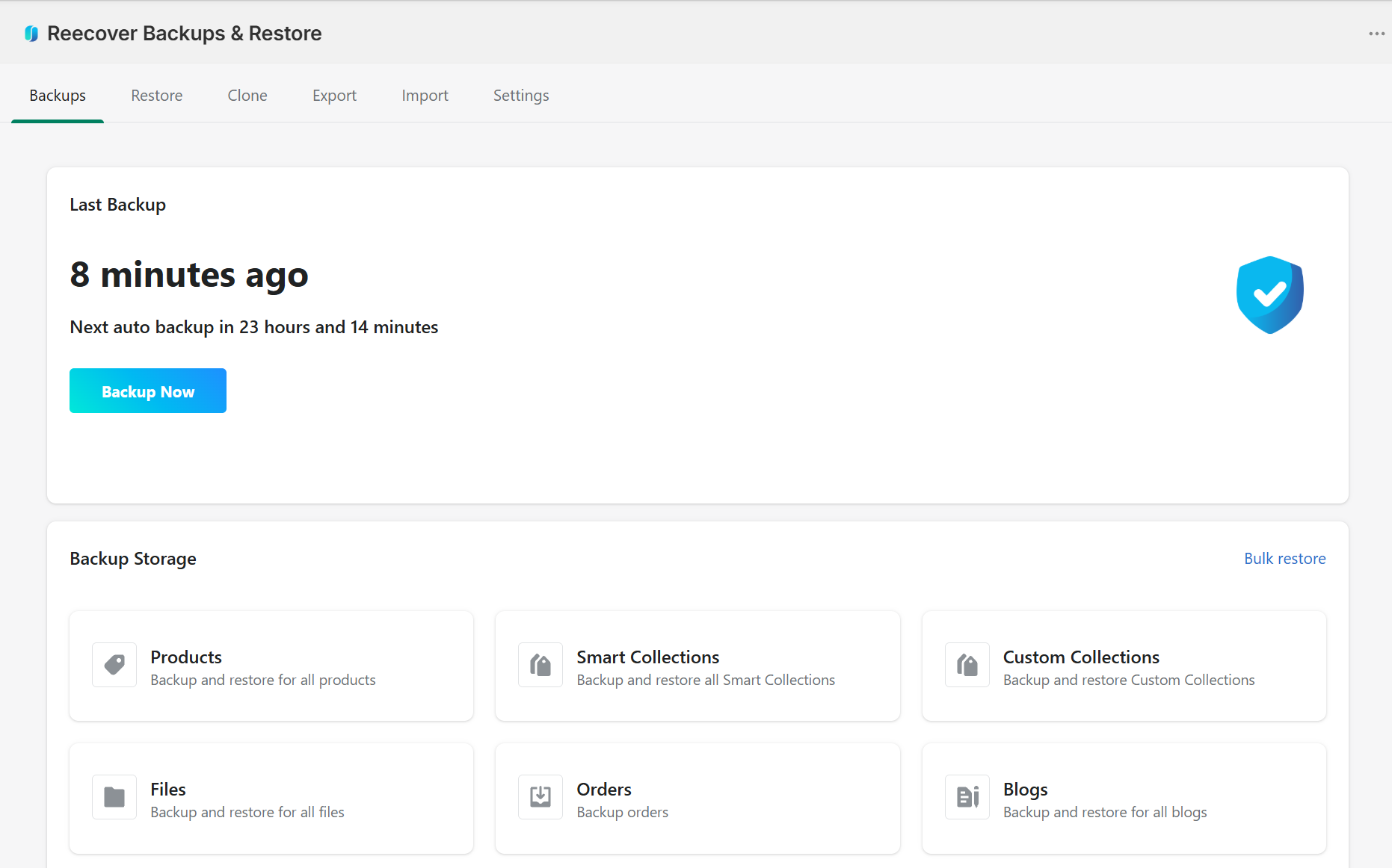 Recover Backups dashboard showing last backup status and backup storage categories for Products, Collections, Orders, and more