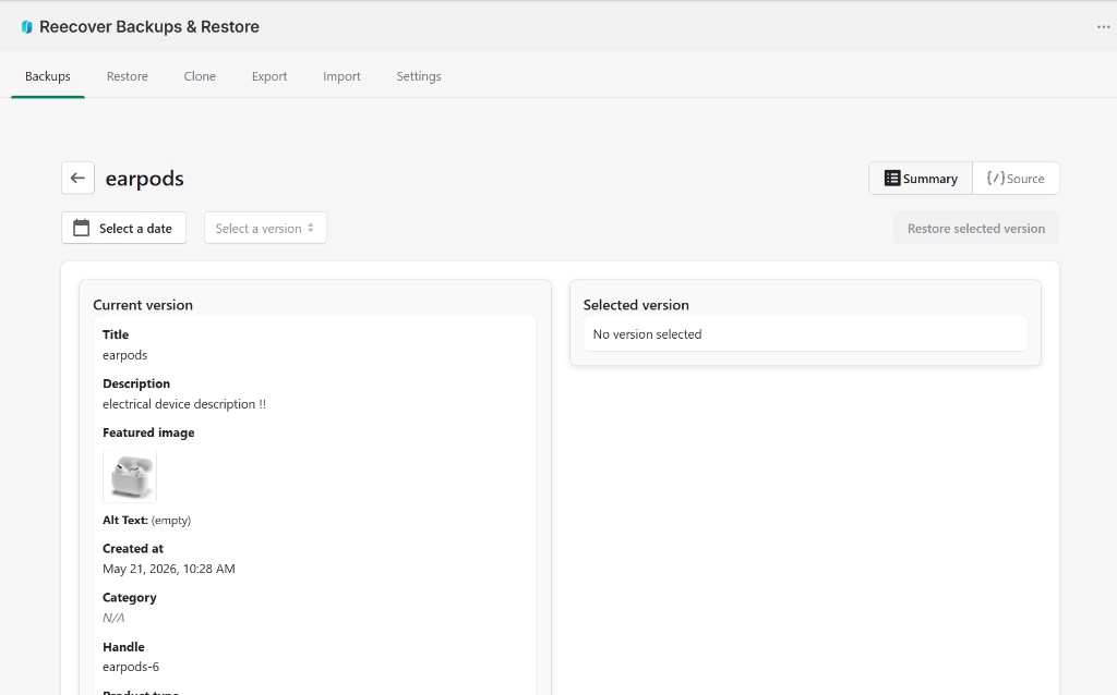 Recover single-item restore view comparing the current product version with a selected backup version before restoring
